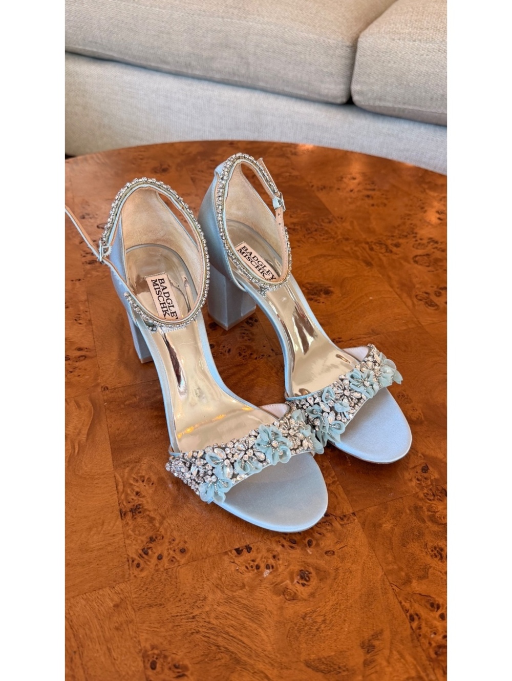 Badgley Mischka Light Blue Embellished Block Heel Sandals Size 9